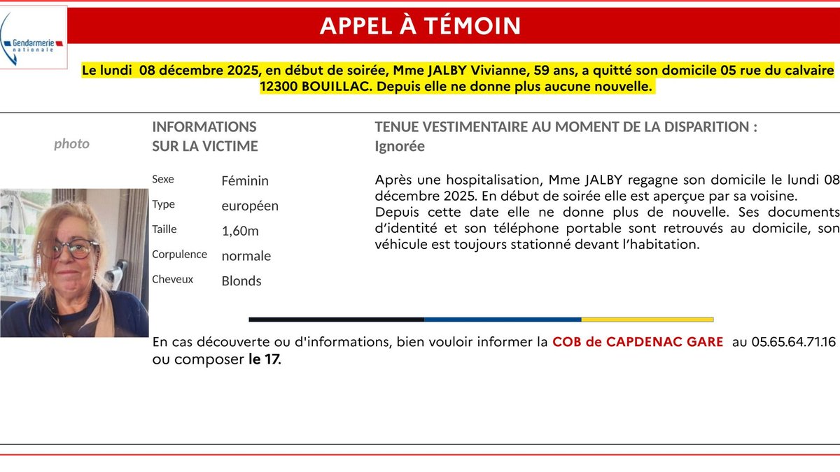Disparition inquiétante en Aveyron : Vivianne, 59 ans, est introuvable depuis trois jours, la gendarmerie lance un appel à témoins