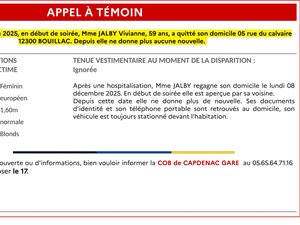 Disparition inquiétante en Aveyron : Vivianne, 59 ans, est introuvable depuis trois jours, la gendarmerie lance un appel à témoins