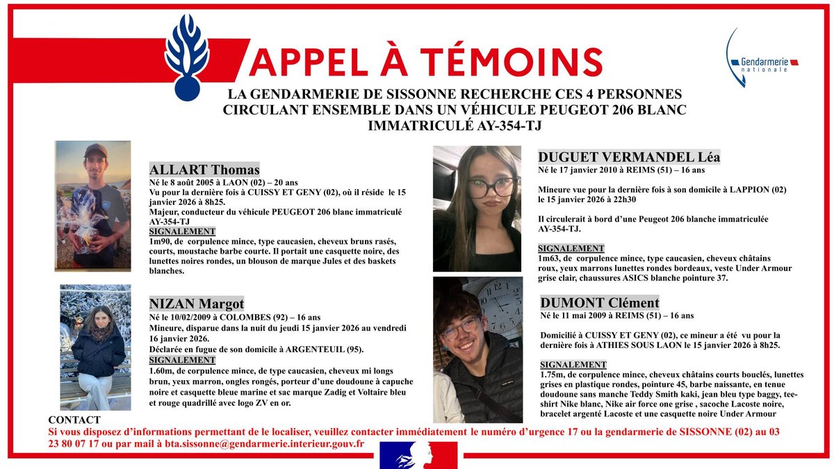 Disparitions inquiétantes : Margot, Léa et Clément âgés de 16 ans ainsi que Thomas, 20 ans, ont disparu depuis cinq jours, une voiture recherchée