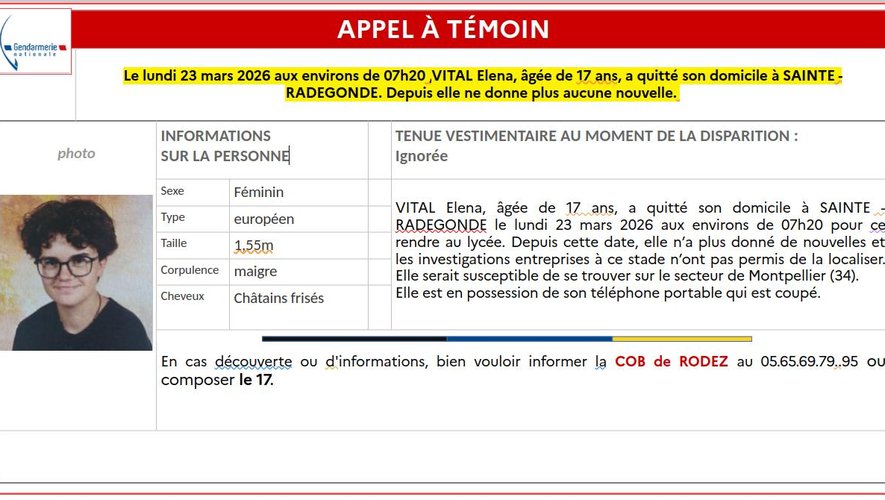 Ανησυχητικές εξαφανίσεις: ο εξήνταχρονος καταζητούμενος στο Aveyron βρέθηκε 24 ώρες αργότερα, ωστόσο η Έλενα, 17 ετών, παραμένει αιχμάλωτη από τις 23 Μαρτίου