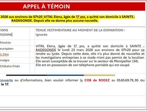 Disparitions inquiétantes : le sexagénaire recherché en Aveyron retrouvé 24 heures plus tard, en revanche, Elena, 17 ans, reste introuvable depuis le 23 mars