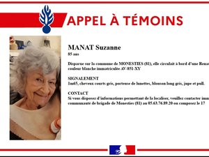 Disparition inquiétante de Suzanne, en Occitanie : âgée de 85 ans, elle fait l'objet d'un appel à témoins lancé par la gendarmerie