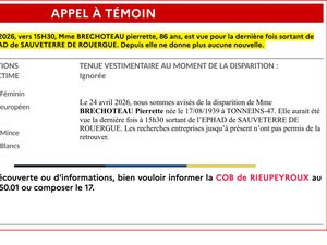 Disparition inquiétante : on recherche Pierrette, une octogénaire disparue depuis 24 heures en Aveyron