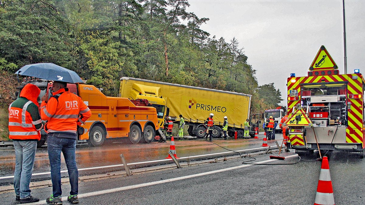 Accident spectaculaire sur l’A75 : un camion termine en portefeuille et à contresens sur les voies, la circulation fermée depuis ce matin en Aveyron